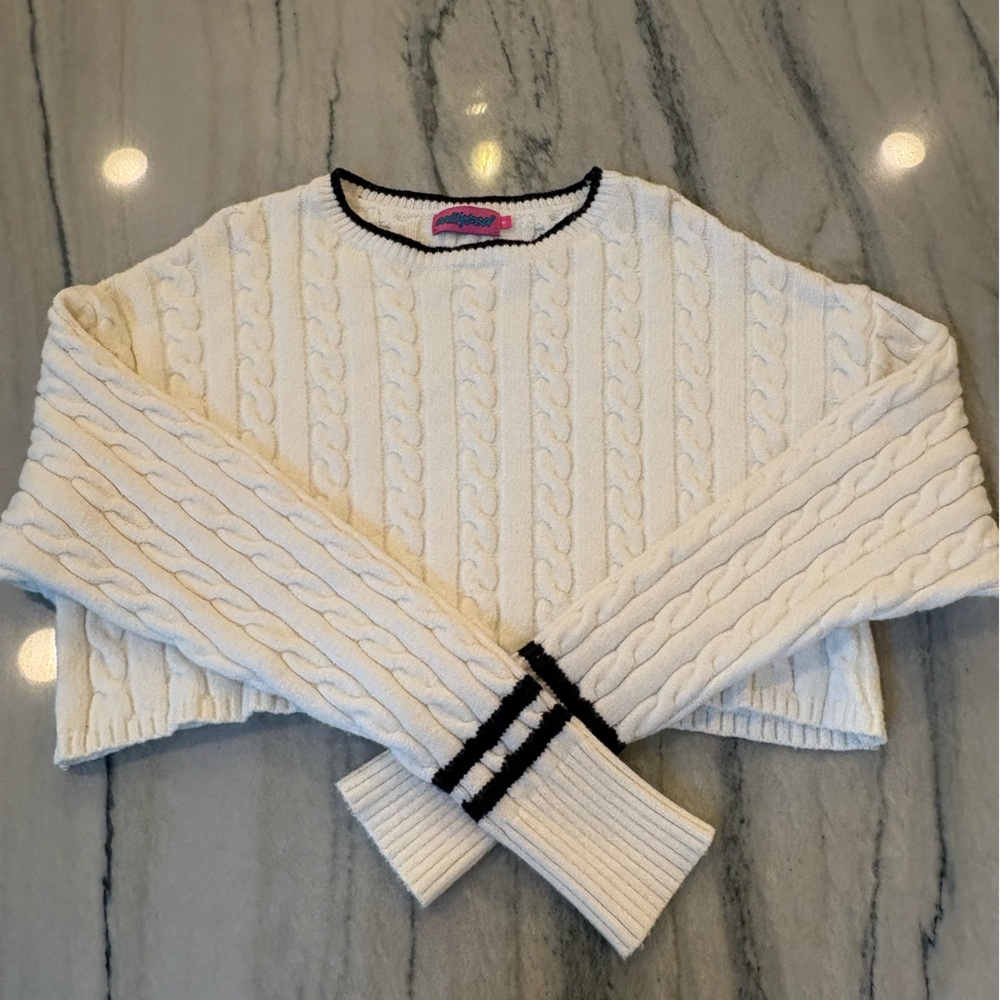 Edikted Cream Cable-Knit Crew Sweater with Black Trim